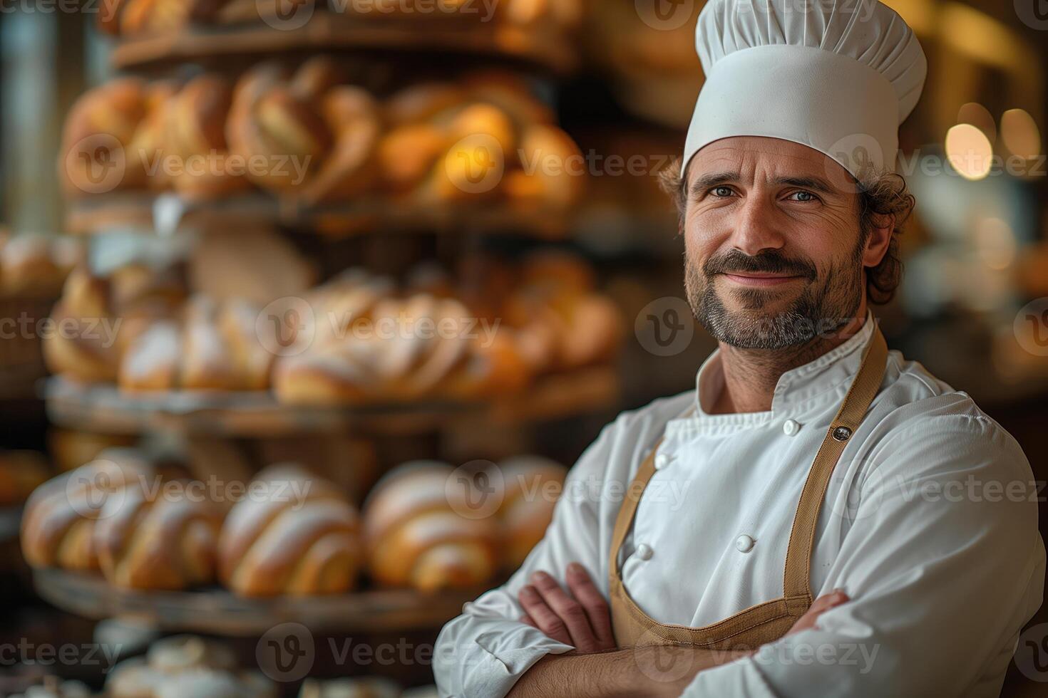 AI generated Portrait of confident male baker standing with arms crossed and looking at camera in bakery photo