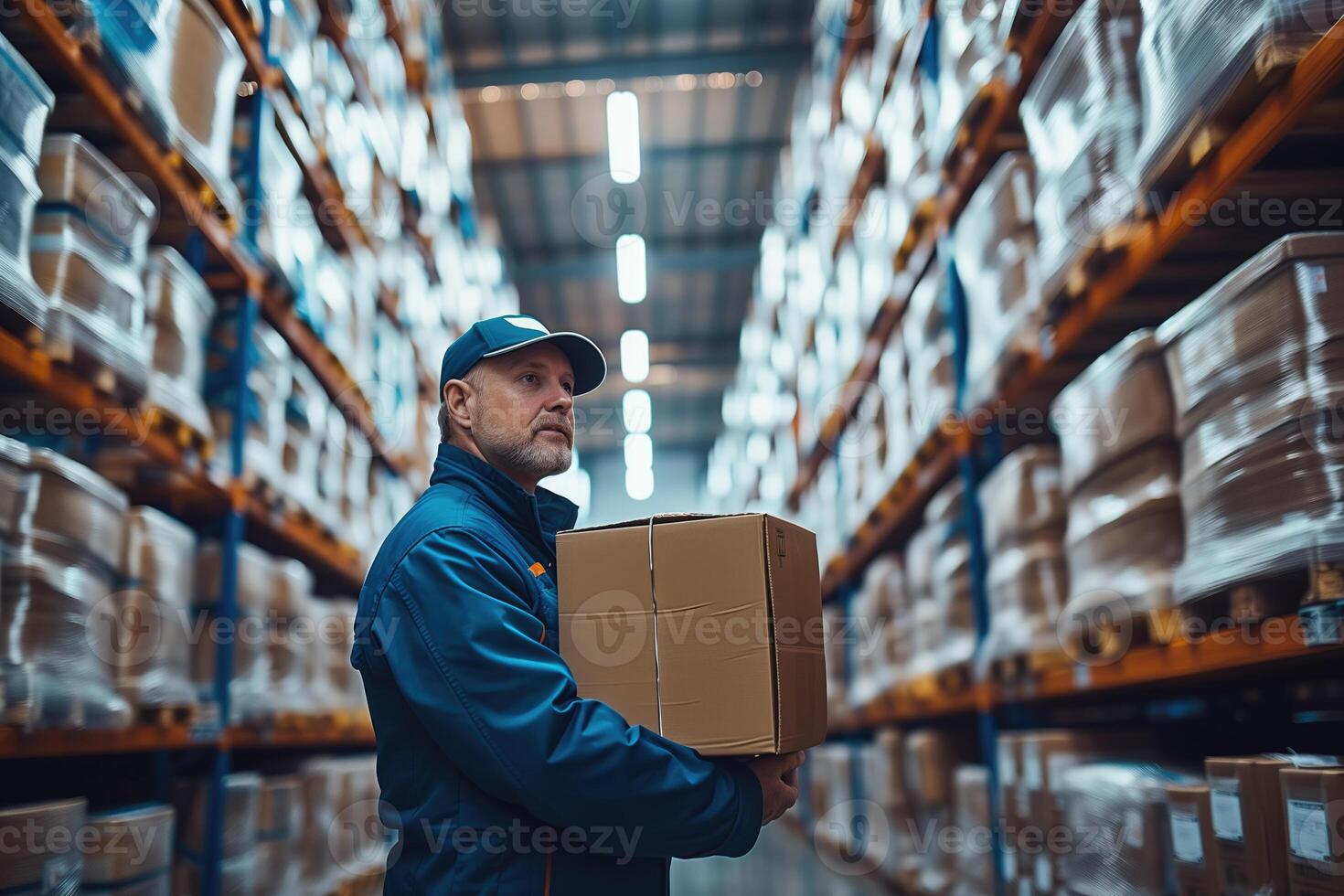 ai generado hombre trabajador con caja en manos en almacén foto