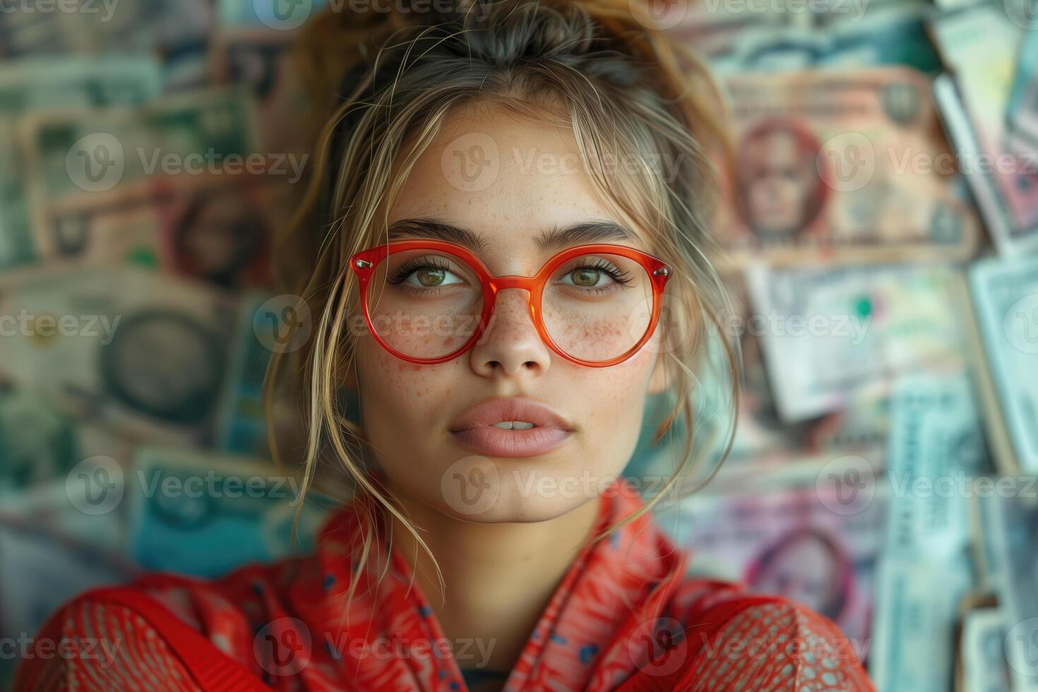 AI generated selfie portrait of beautiful young woman in red glasses on a background of money photo