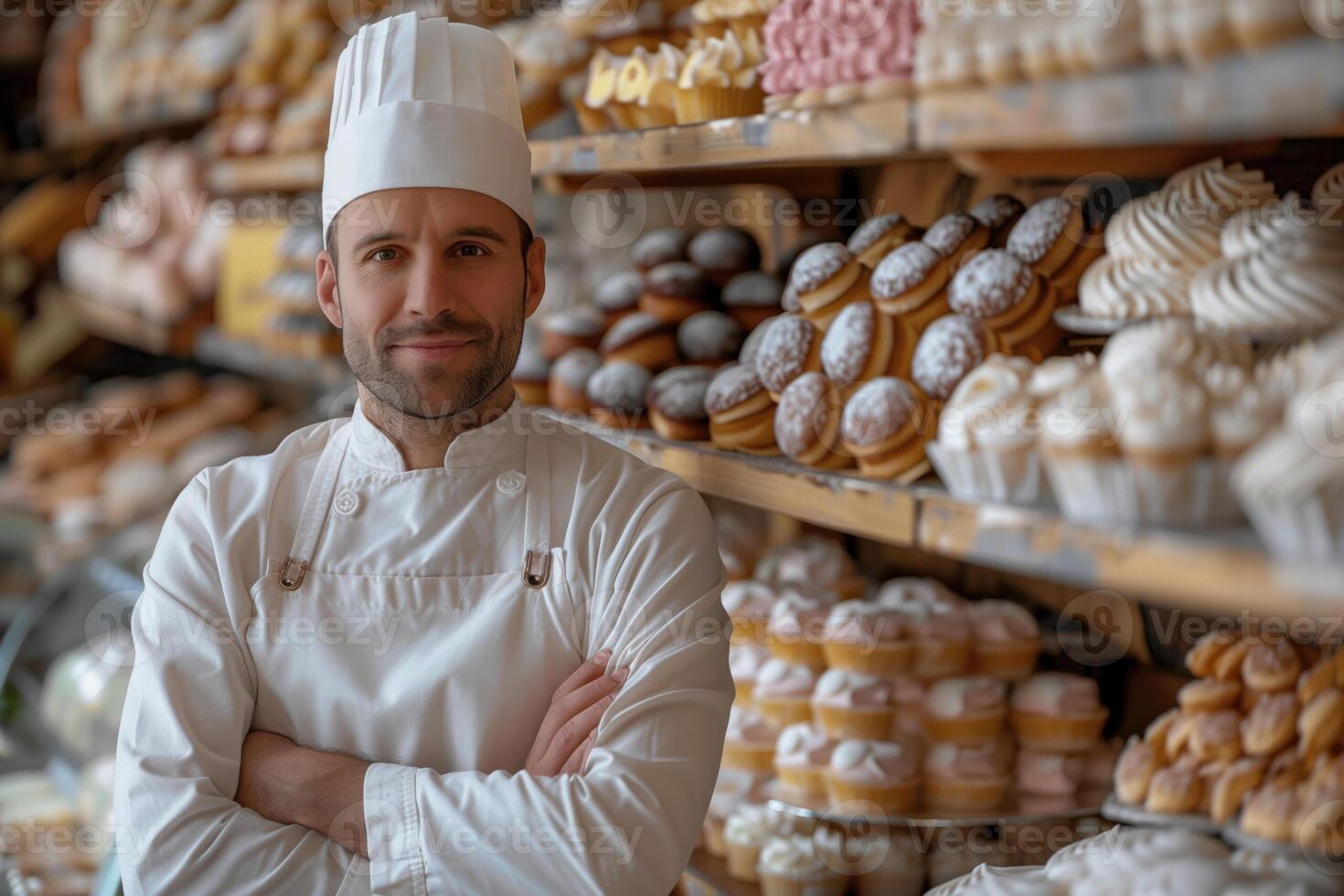 AI generated Portrait of confident male baker standing with arms crossed in bakery shop photo