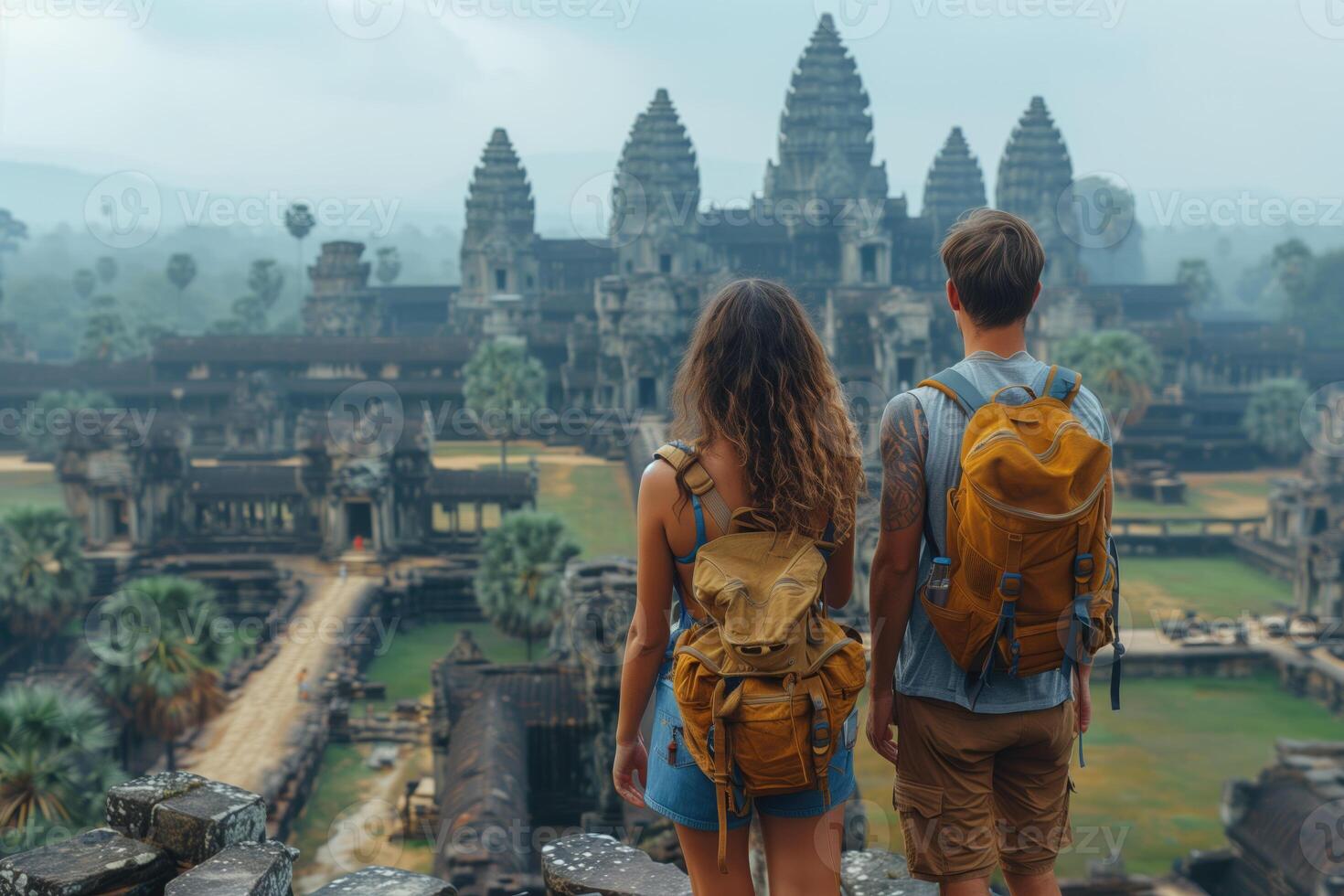 AI generated Back view of young couple tourists with backpacks looking at ruins of ancient asian temple photo