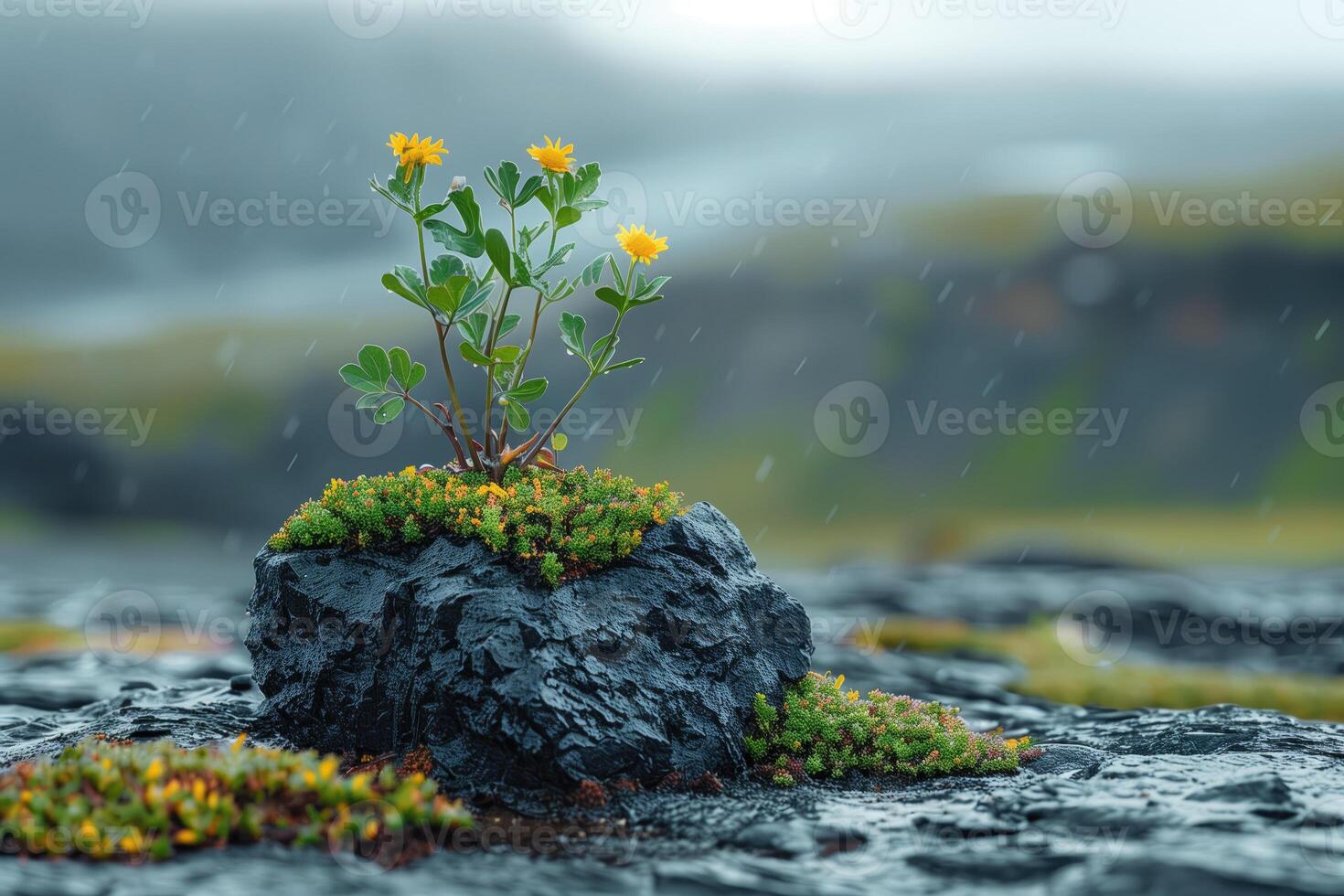 AI generated small flowers growing on the rock under the rain drops, nature background photo
