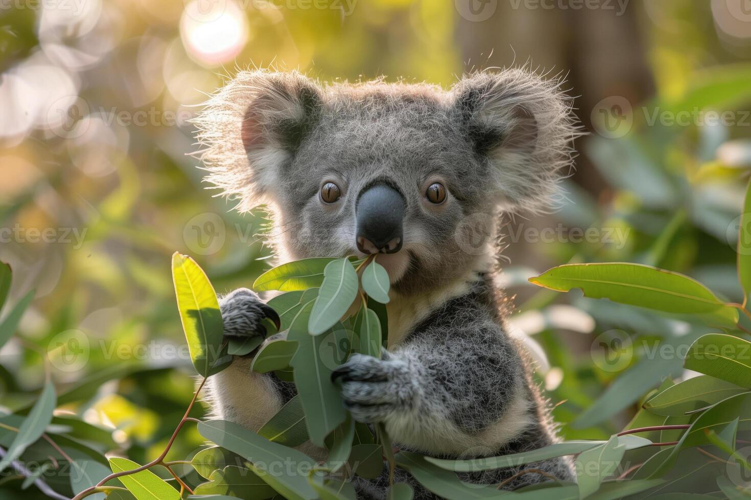 AI generated koala bear on eucalyptus tree photo