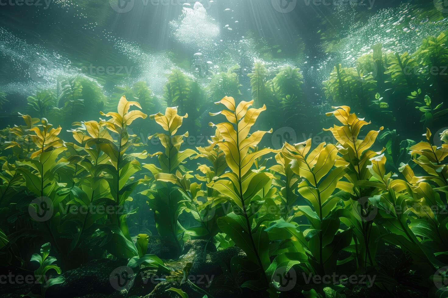 AI generated Green algae in the deep tropical sea. Underwater scene with sunlight photo