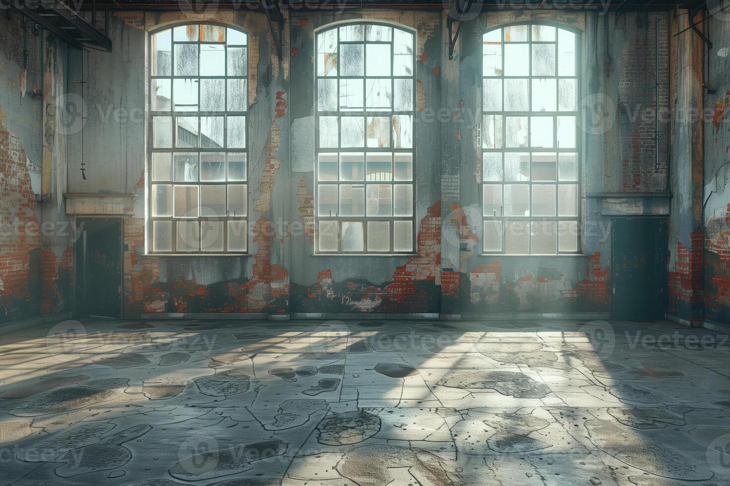 AI generated interior of an empty vintage industrial workshop of an abandoned factory photo