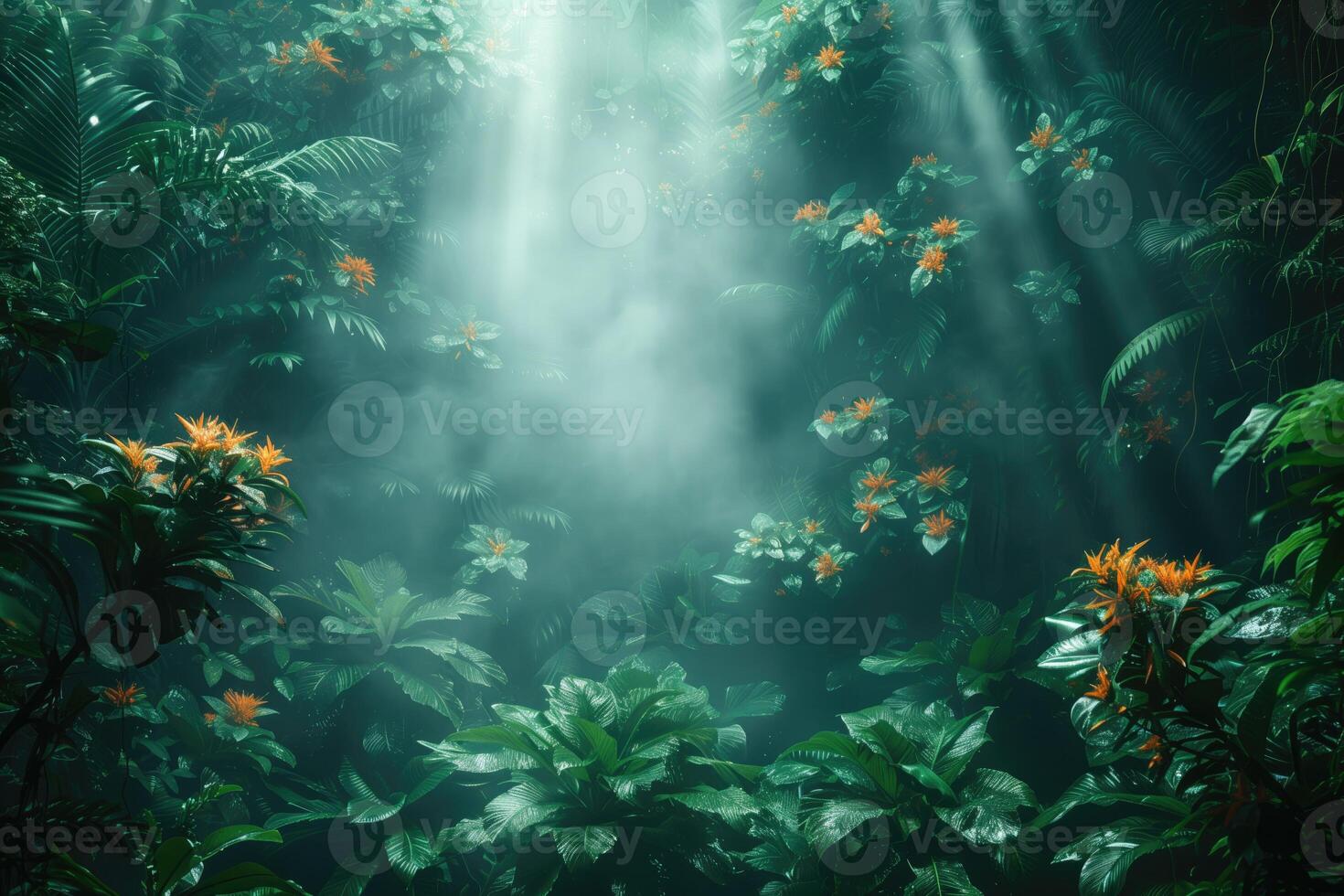 AI generated tropical forest vegetation, light breaks through the fog photo