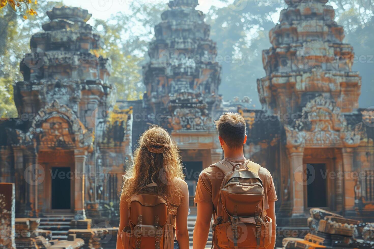 AI generated Back view of young couple tourists with backpacks looking at ruins of ancient asian temple photo