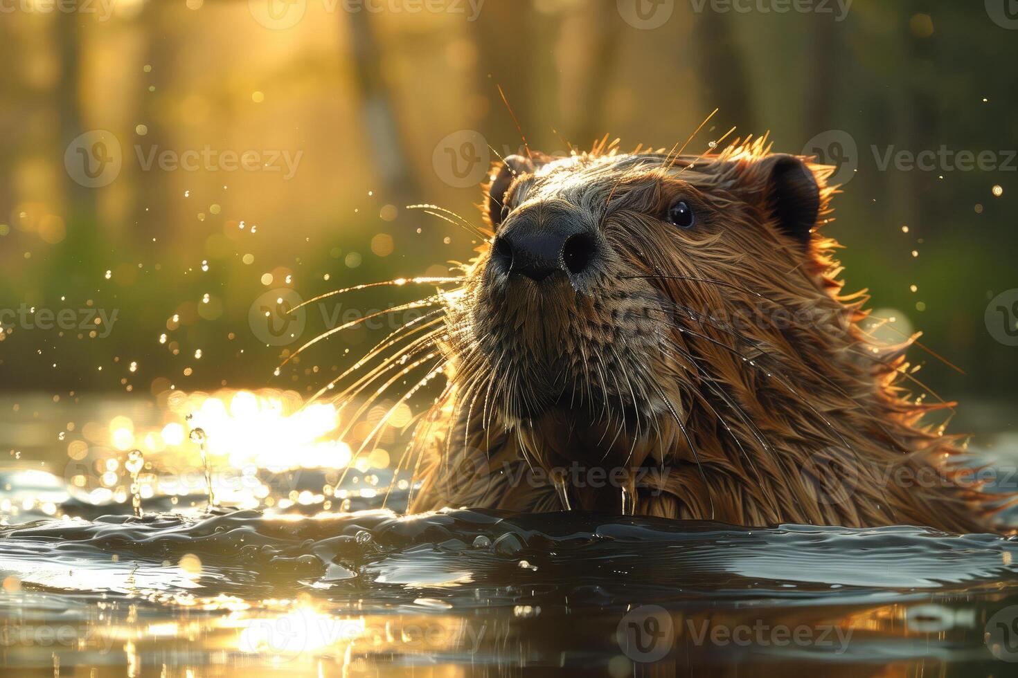 AI generated beaver emerged from the water photo
