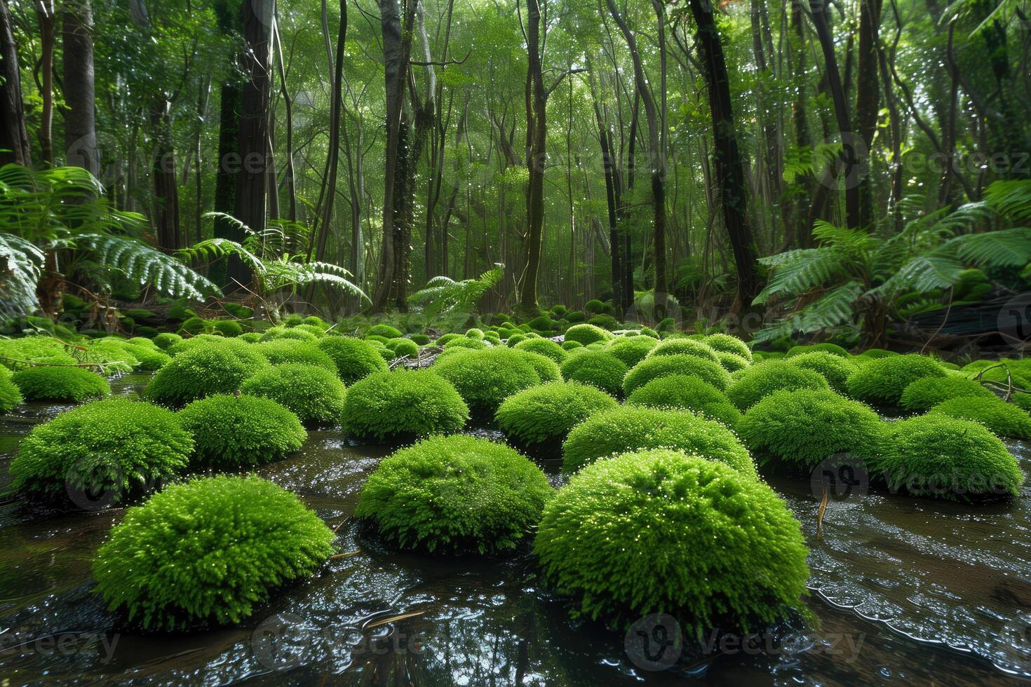 AI generated beautiful moss on wet tropical rainforest soil photo