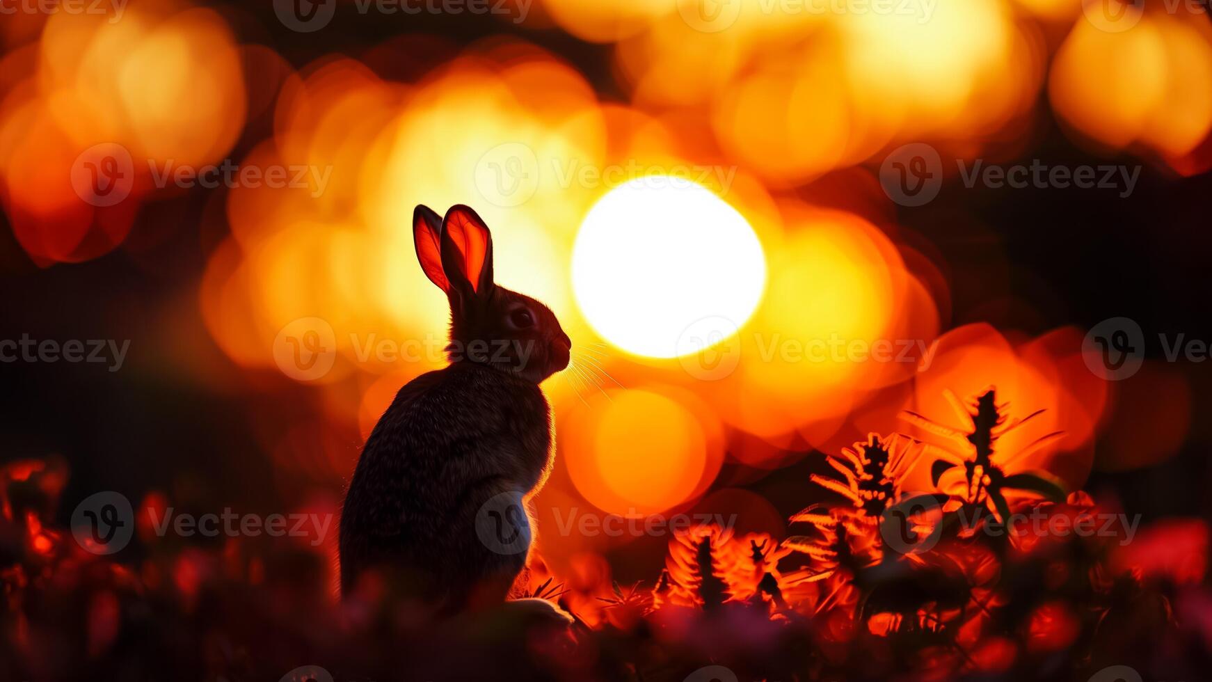 AI generated Silhouetted rabbit against a warm bokeh light background suggesting the magic of Easter, nature, and springtime concepts photo