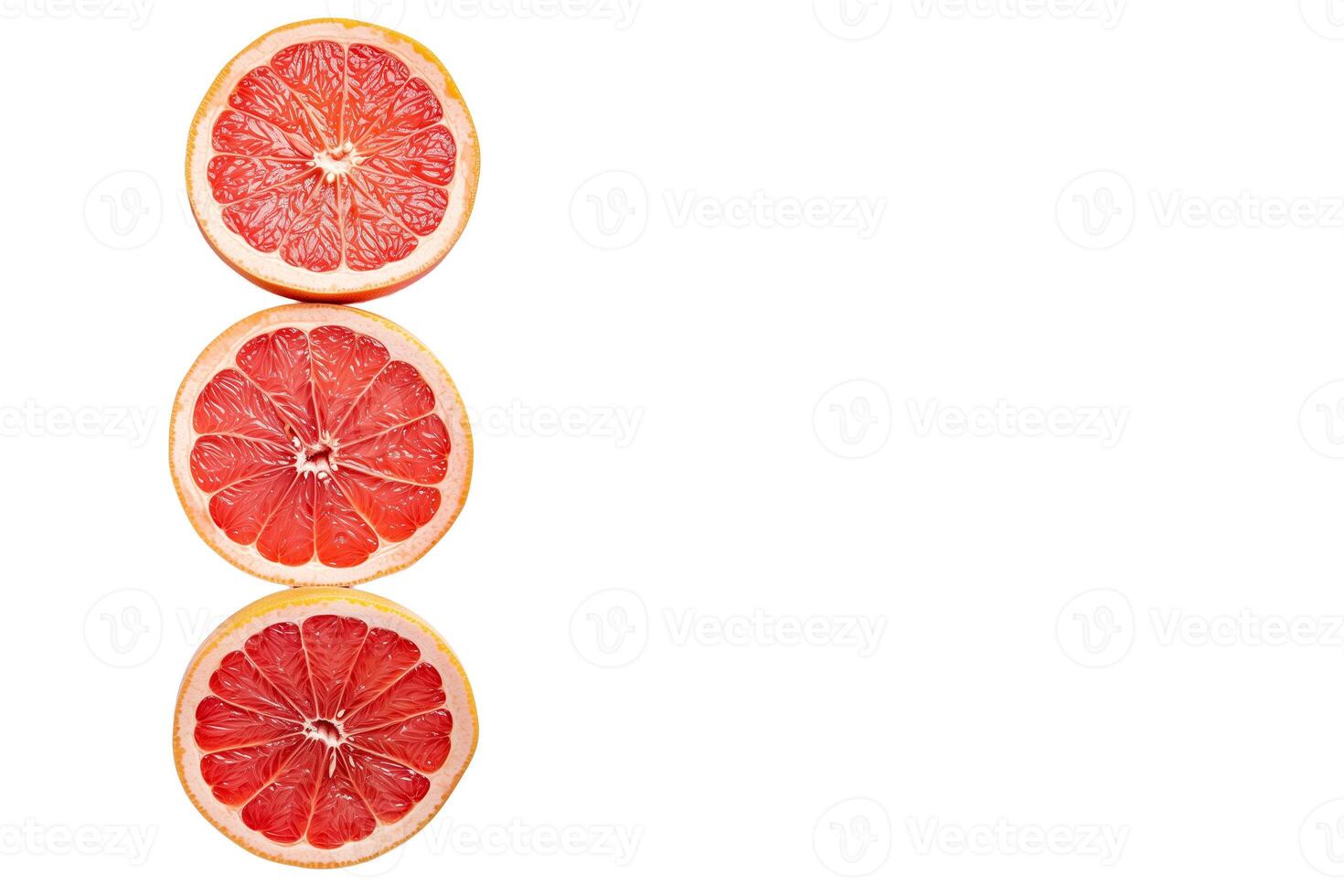 AI generated Three fresh grapefruit slices isolated on white background with ample copy space for text, ideal for healthy eating or diet related concepts photo
