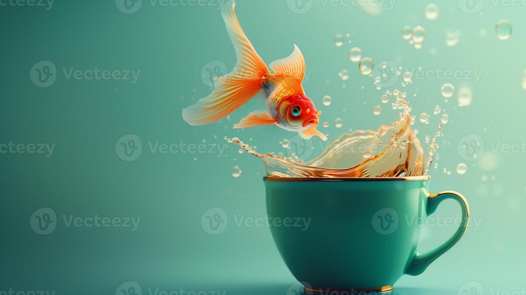 AI generated Goldfish Jumping from Teal Cup   Freedom Concept photo