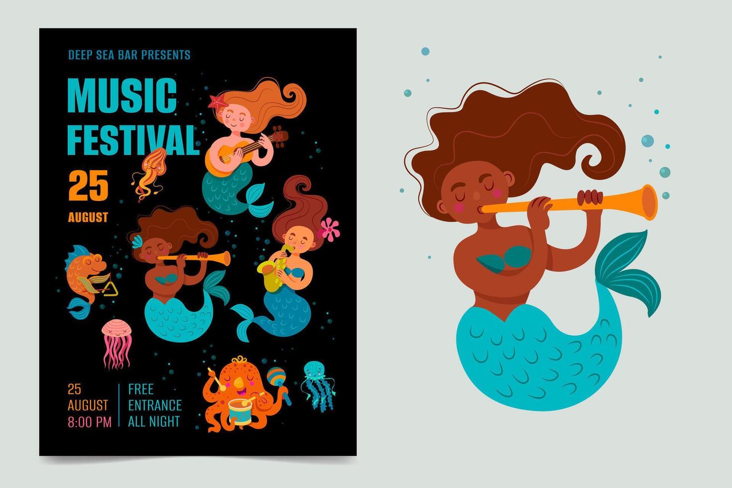 Poster for music festival. The mermaid plays the guitar, the mermaid plays the saxophone, the dark-skinned mermaid plays the pipe. Fish, octopus play the drum, jellyfish, starfish. vector