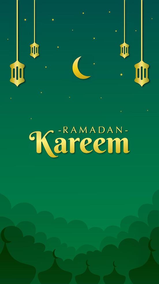 Beautiful night sky with golden lanterns and moon among sparkling stars. Islamic banner vertical design for social media stories vector
