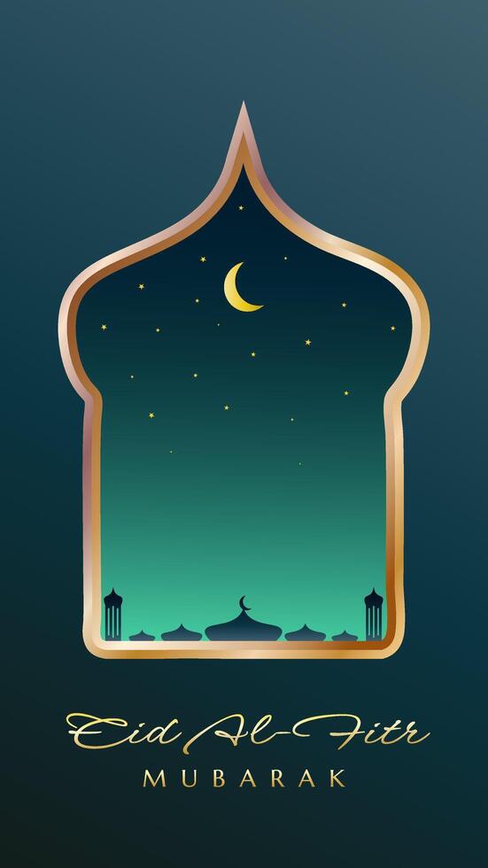 Eid Mubarak vertical greeting card with golden mosque dome frame suitable for social media post or stories vector