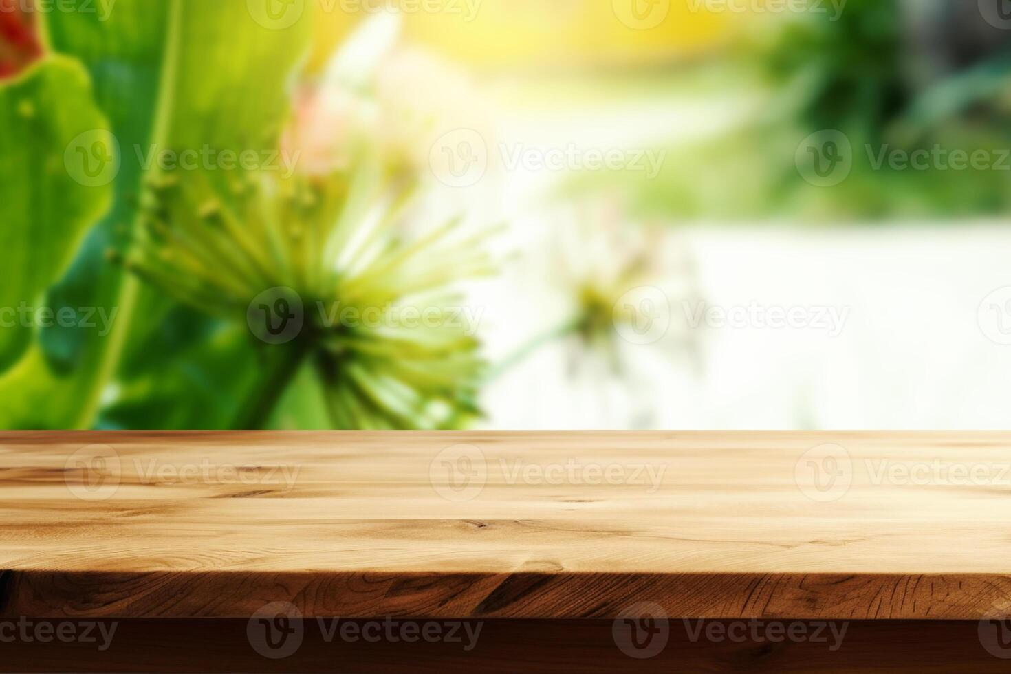 Rustic wooden table with a blurry farm background photo