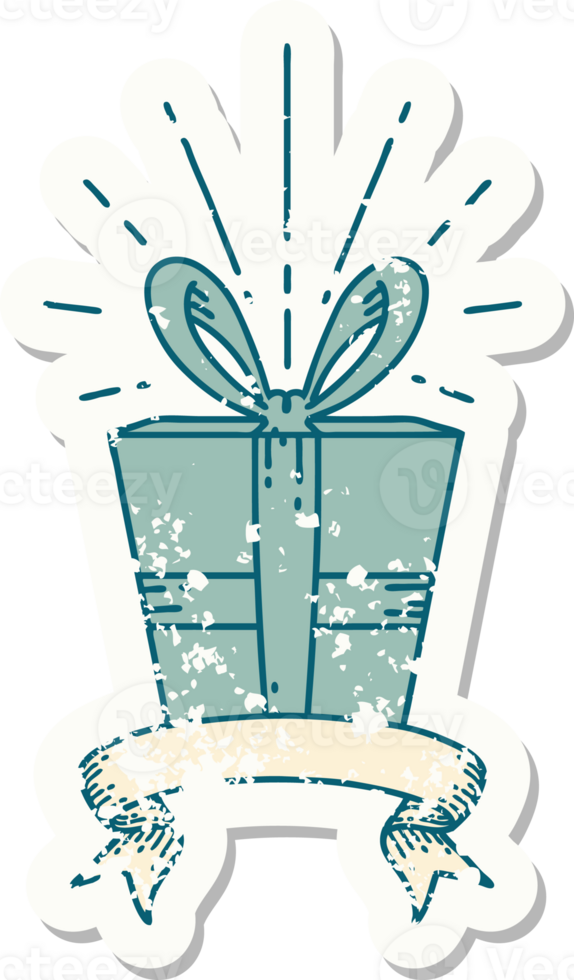 worn old sticker of a tattoo style christmas present png