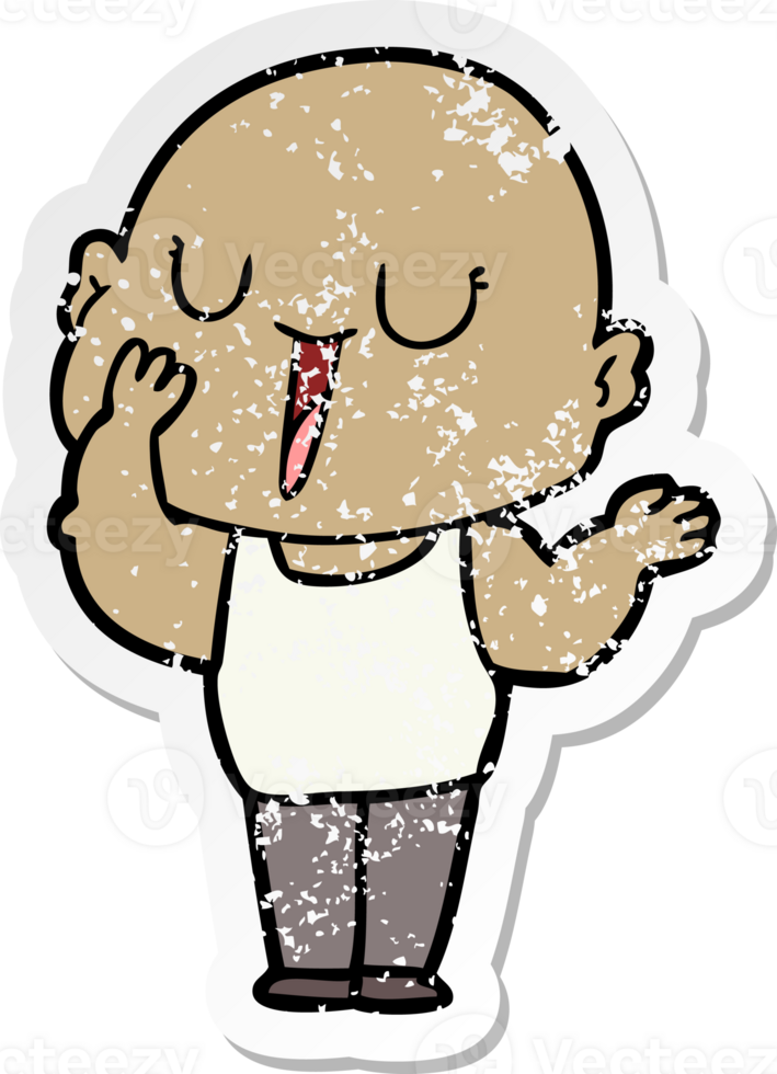 distressed sticker of a happy cartoon bald man yawning png