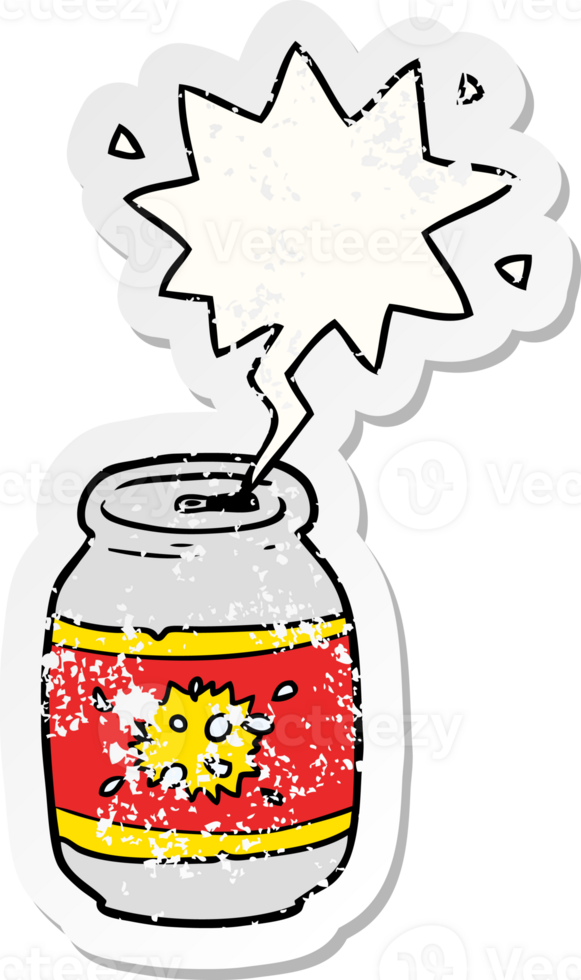 cartoon can of soda with speech bubble distressed distressed old sticker png