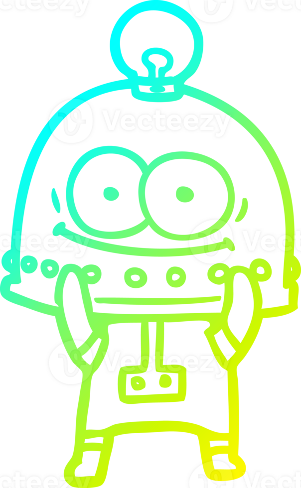 cold gradient line drawing of a happy carton robot with light bulb png
