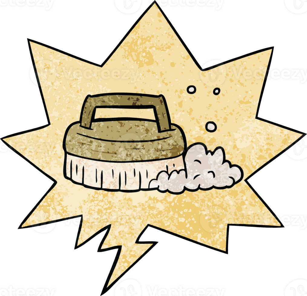 cartoon scrubbing brush with speech bubble in retro texture style png