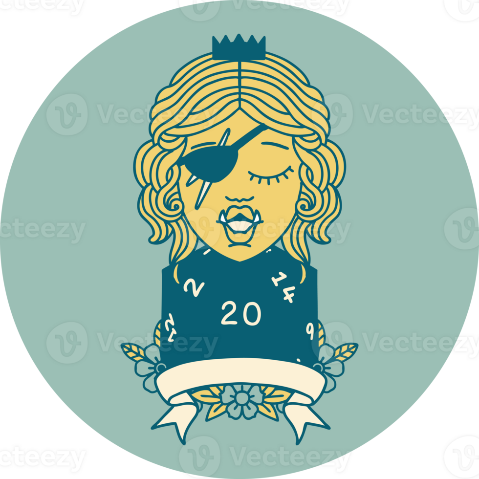 Retro Tattoo Style half orc rogue character with natural twenty dice roll png
