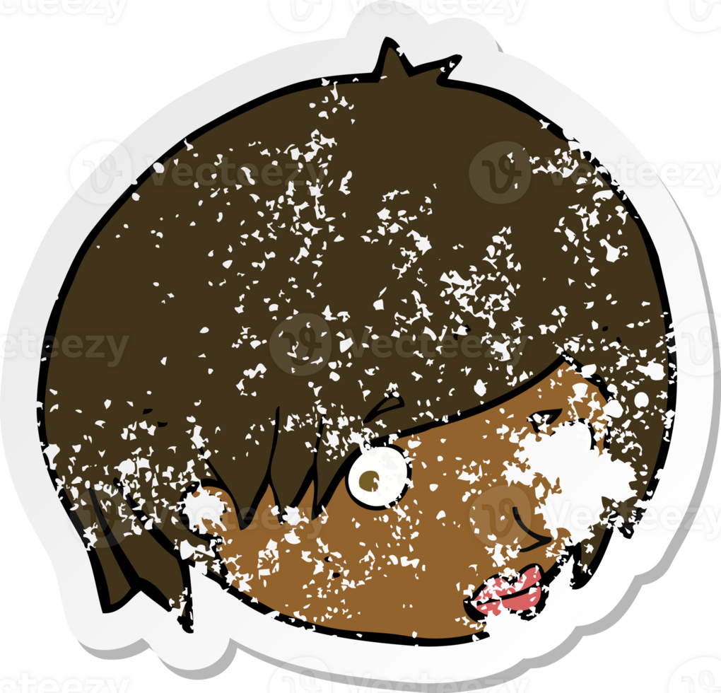 retro distressed sticker of a cartoon female face with raised eyebrow png