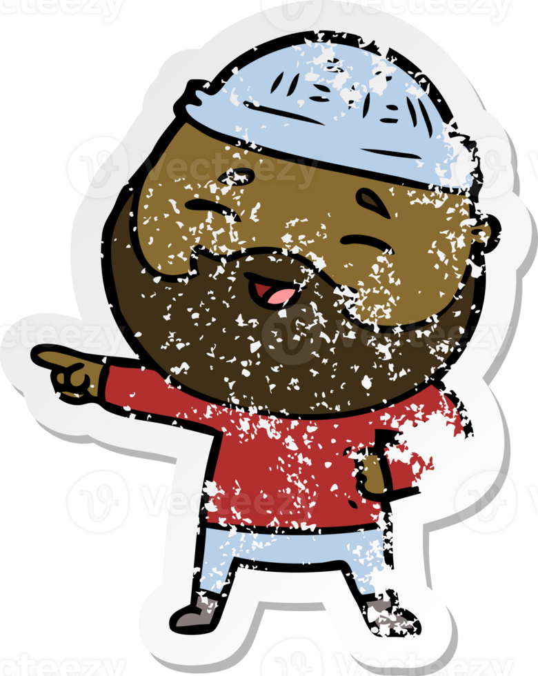distressed sticker of a cartoon happy bearded man png