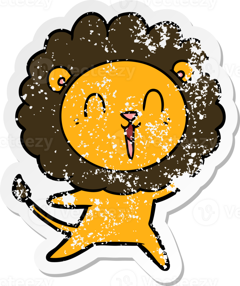 distressed sticker of a laughing lion cartoon png