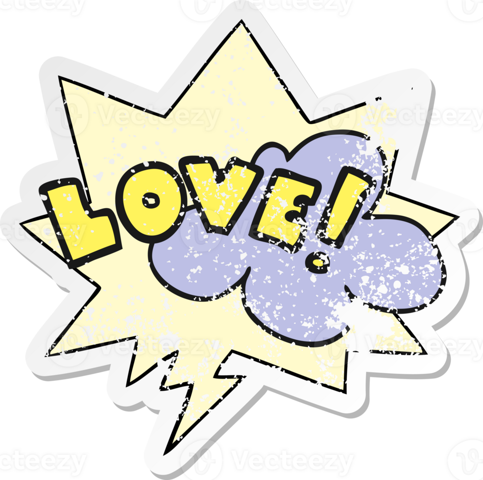cartoon word love with speech bubble distressed distressed old sticker png