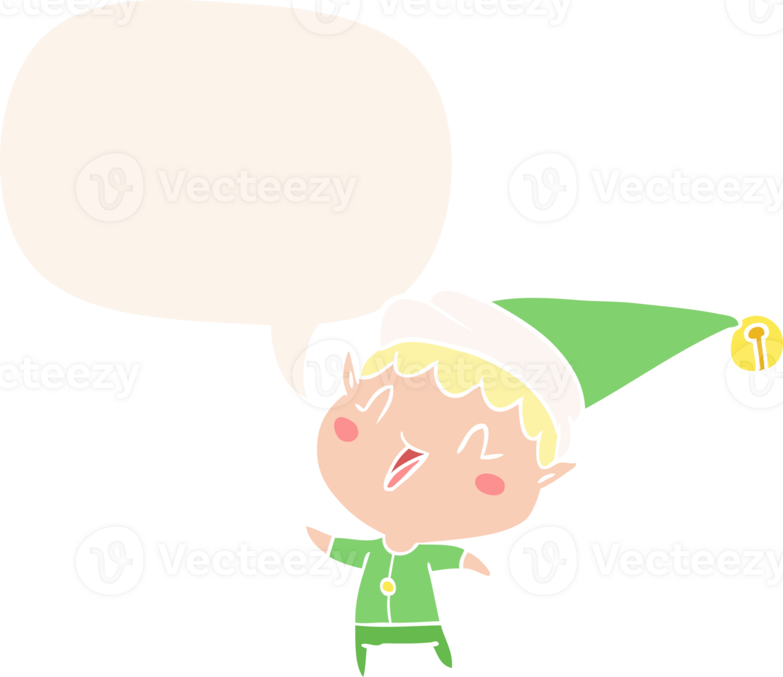 cartoon happy christmas elf with speech bubble in retro style png