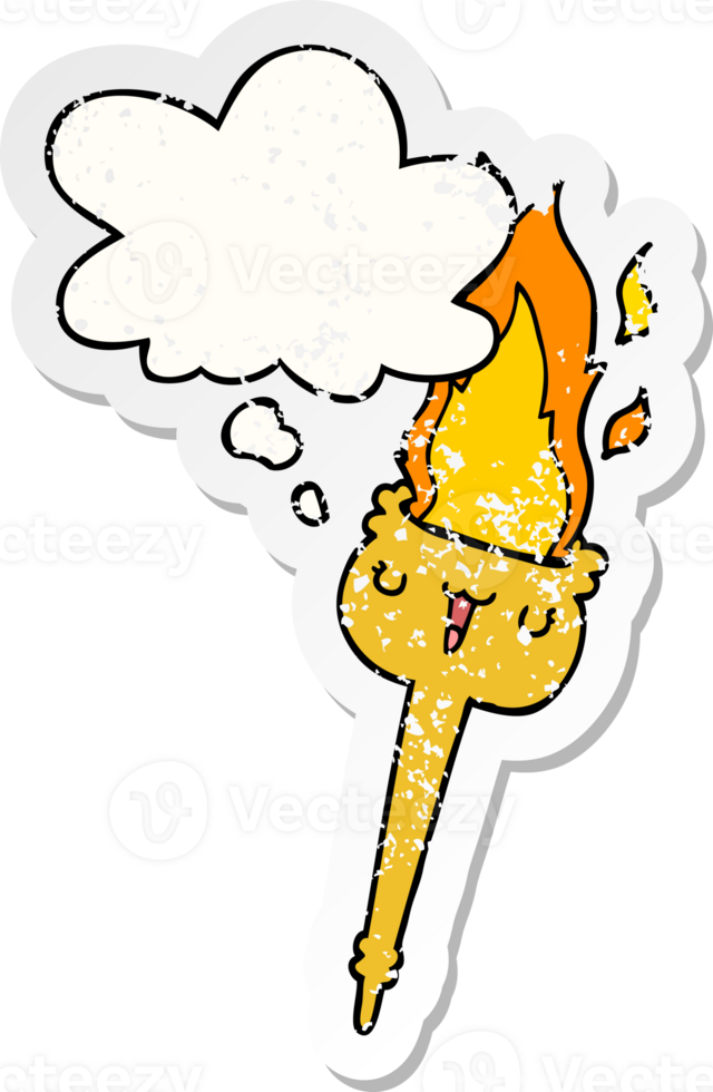 cartoon flaming torch with thought bubble as a distressed worn sticker png