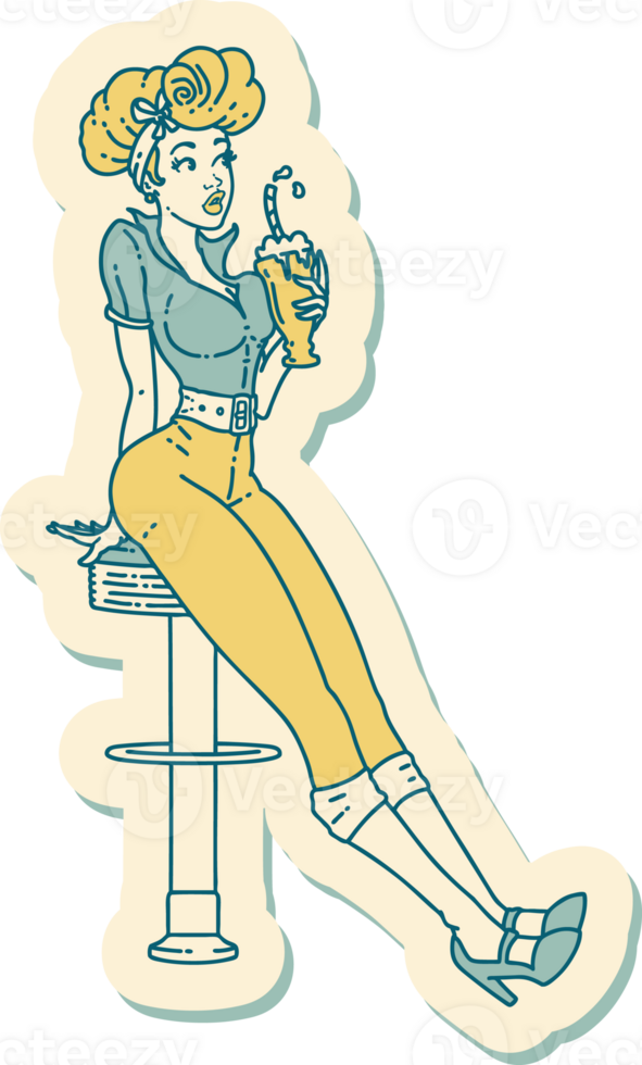 sticker of tattoo in traditional style of a pinup girl drinking a milkshake png