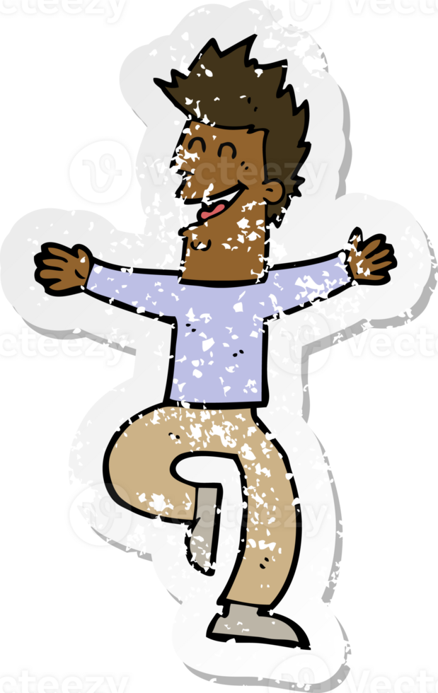 retro distressed sticker of a cartoon laughing man png