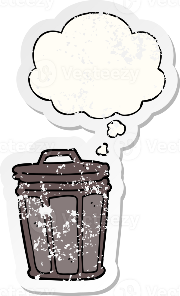 cartoon trash can with thought bubble as a distressed worn sticker png