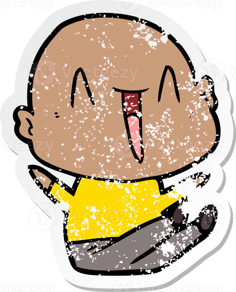 distressed sticker of a happy cartoon bald man png