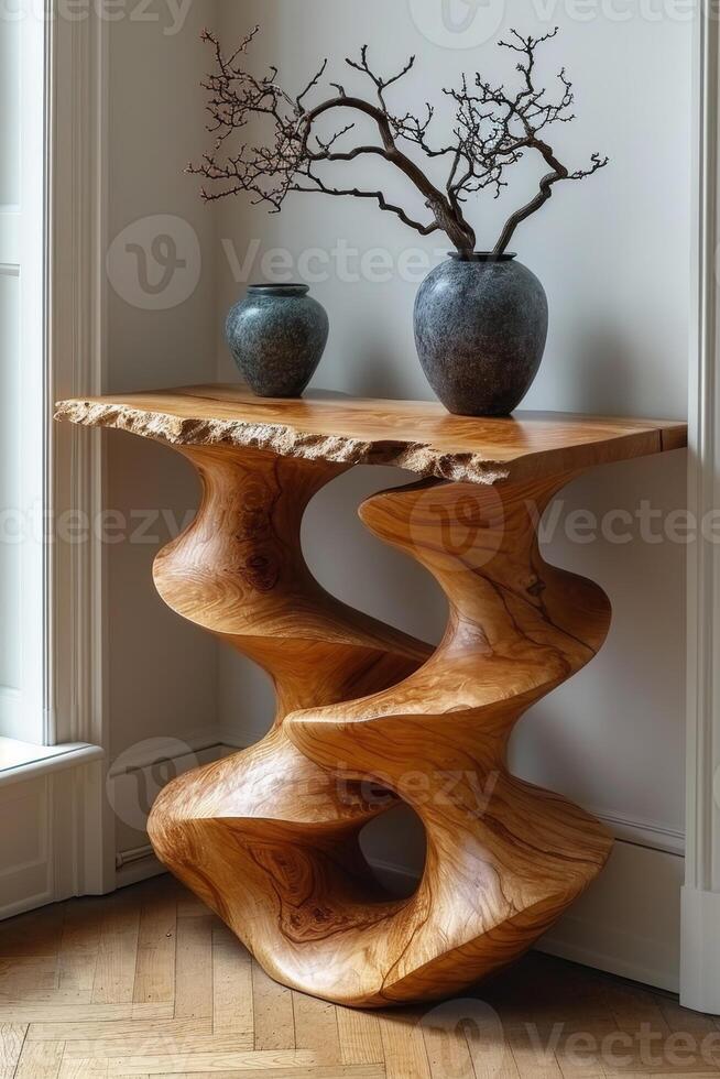 AI generated Handmade wooden designer table in the interior photo