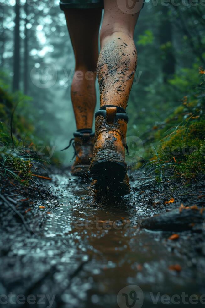 AI generated A man walking through mud in the middle of the jungle in rainy weather photo