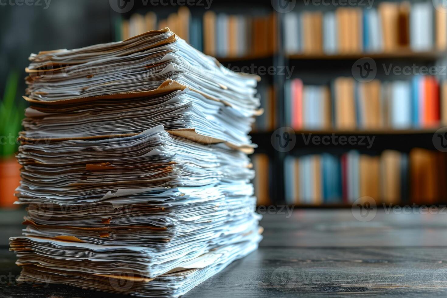 AI generated A stack of sheets of paper on the table, Paper documents stuck on the table. Business concept photo