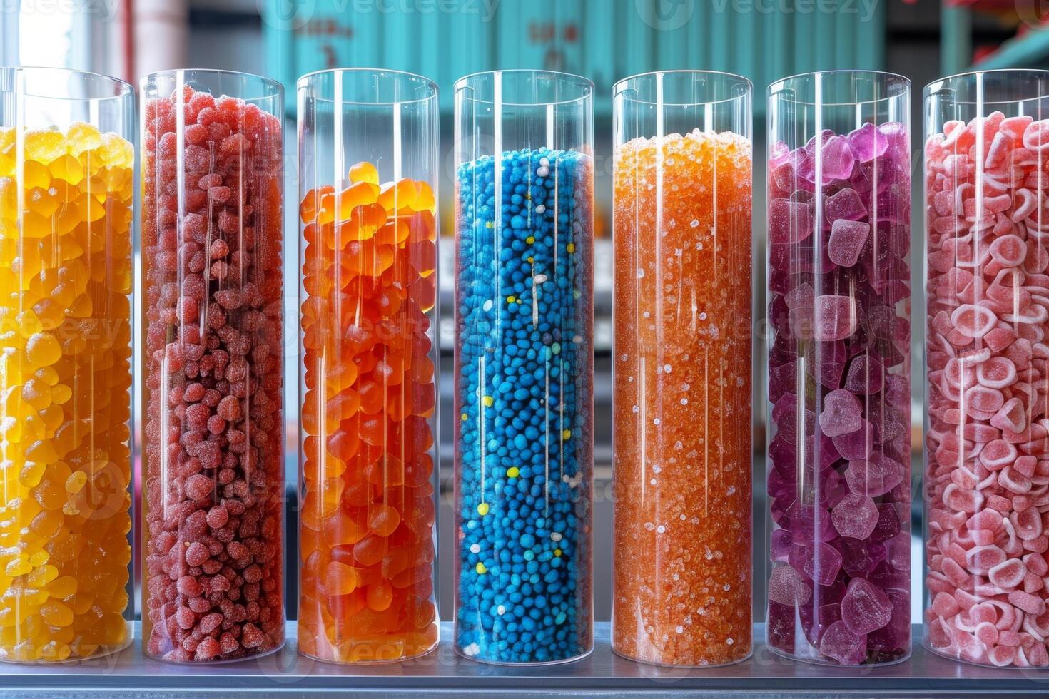 AI generated Glass flasks with colorful delicious candies on the shelf photo