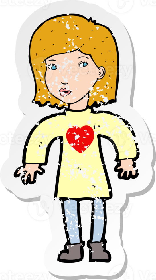 retro distressed sticker of a cartoon woman wearing heart shirt png