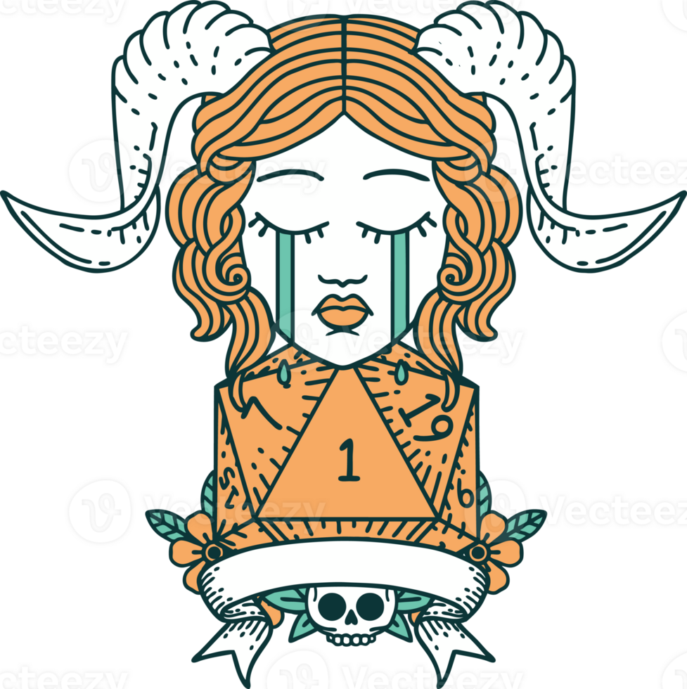 crying tiefling with natural one D20 dice roll illustration png