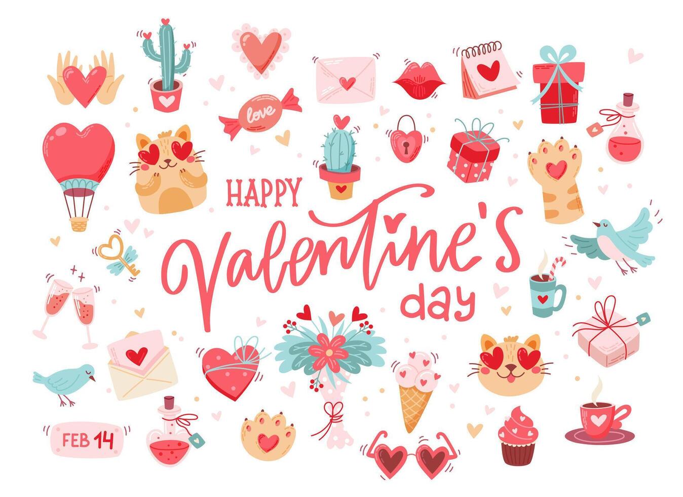 Valentine s day cute elements set with lettering. wedding and love concept. Vector illustration in flat cartoon style