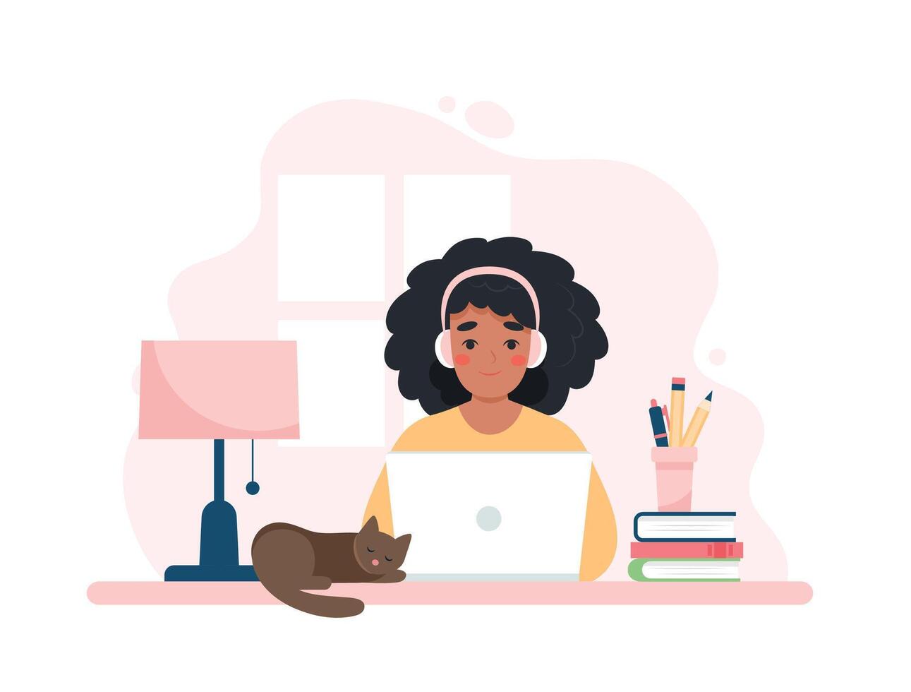 Black woman working with computer, home office, student or freelancer. Customer service, call center and support. Cute concept vector illustration in flat style