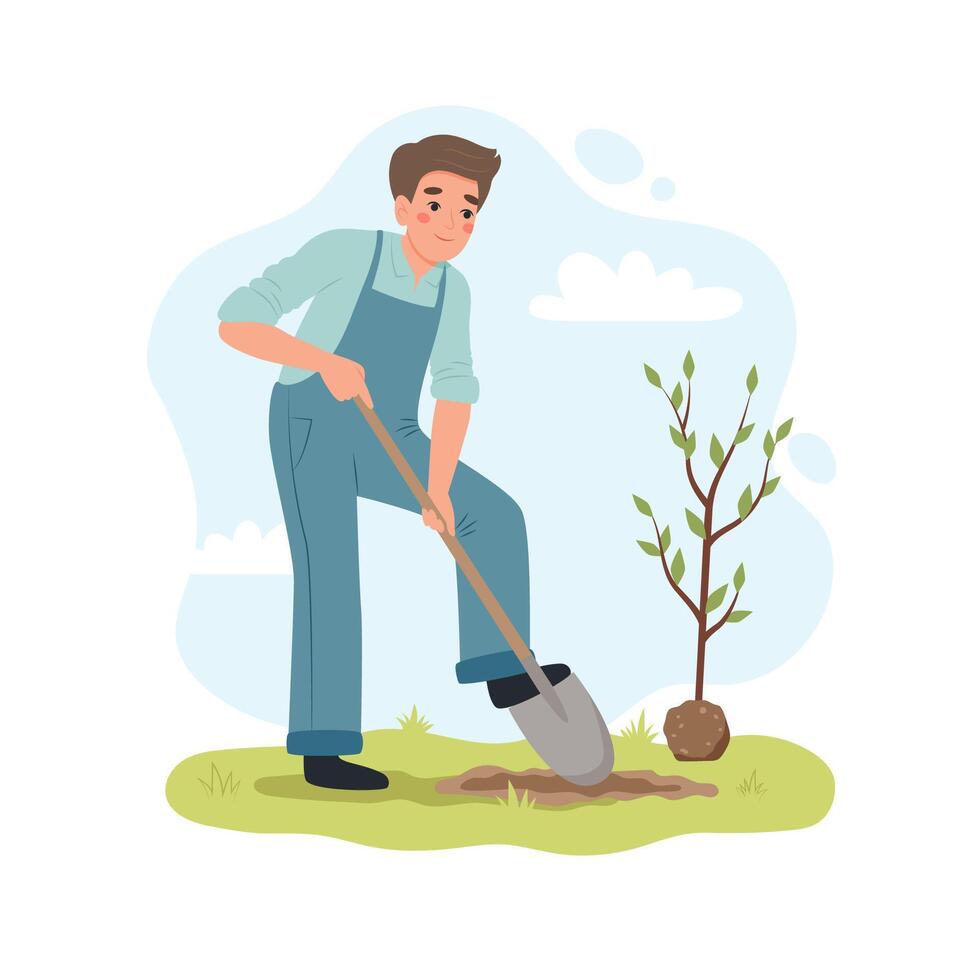 Man digging up ground with shovel to plant a tree. Male working in garden. Cute vector illustartion in flat cartoon style