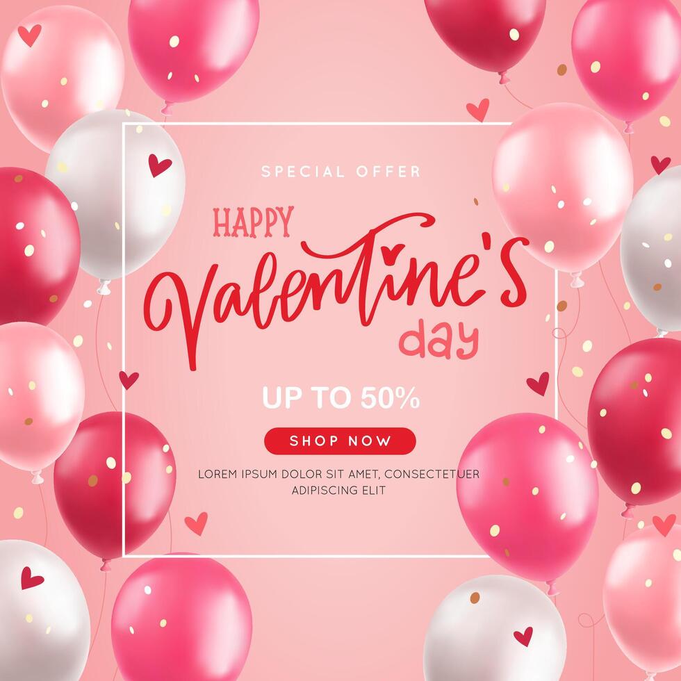 Valentines day banner with 3d balloons, realistic pink and red air balloons, hand drawn calligraphy on pink background, Vector illustration