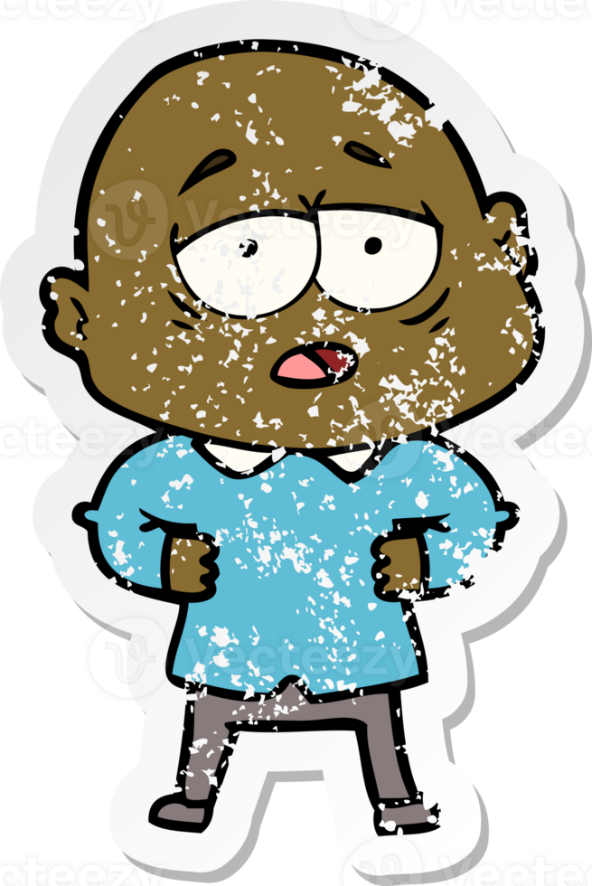 distressed sticker of a cartoon tired bald man png