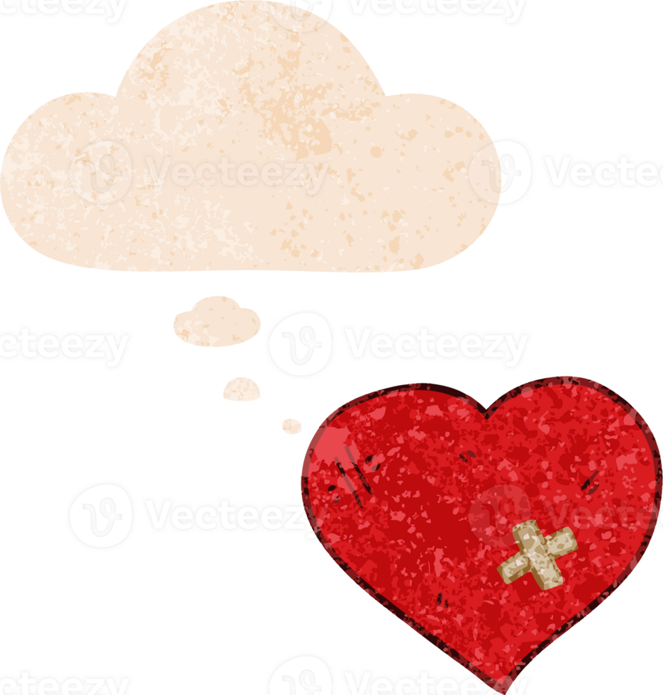 cartoon love heart with sticking plaster and thought bubble in retro textured style png