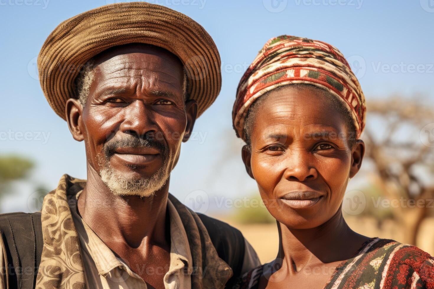 AI generated Portrait of an African couple of a man and a woman against the background of African nature. Mature African couple photo