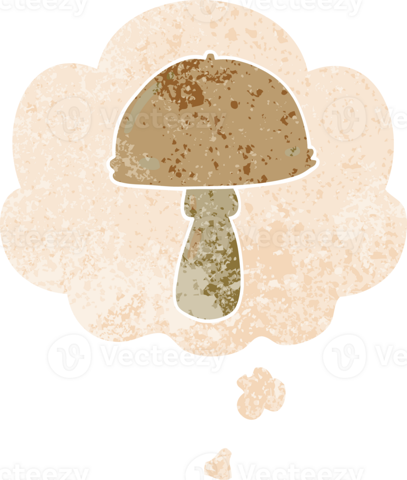 cartoon mushroom and thought bubble in retro textured style png